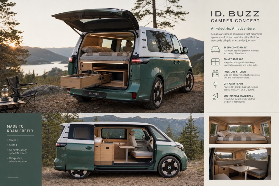 Concept sheet showing a green and white ID. Buzz with the tailgate open, a full-width bed and a slide-out kitchen drawer, parked above a lake at sunset.