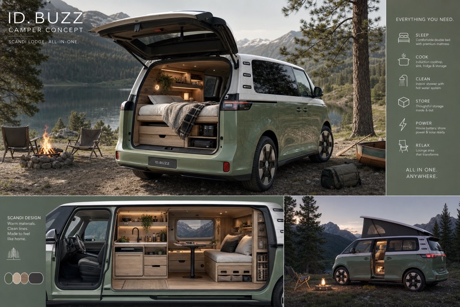 Sage green ID. Buzz camper concept with warm wood interior, full galley with sink, and a pop-top raised at dusk beside a lake.