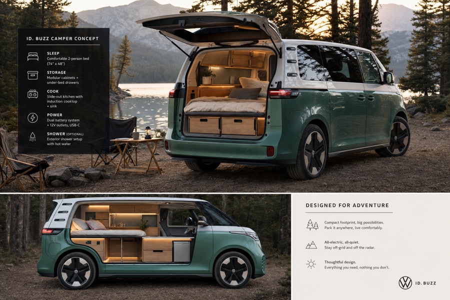 Dark green ID. Buzz camper concept with a two-person bed, modular cabinets and under-bed drawers, shown with a cutaway side view.