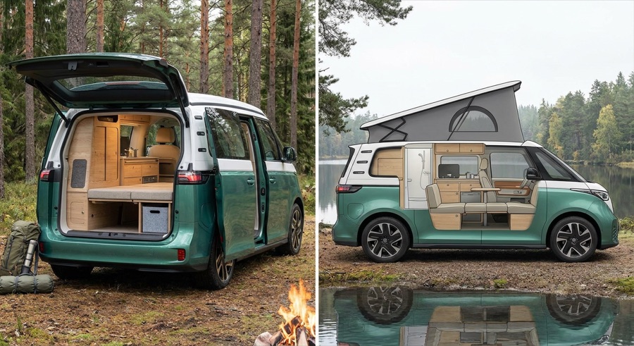 Green ID. Buzz in a forest with the rear hatch open, beside a cutaway side view showing a raised pop-top sleeping loft, reflected in still water.