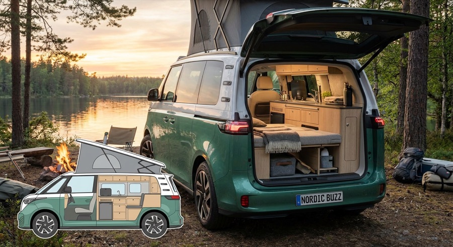 Green and white ID. Buzz with pop-top raised at a Nordic lakeside campsite at sunset, kitchen visible through the open tailgate, with a cutaway illustration inset.