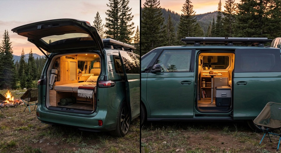 Deep green ID. Buzz at dusk in a subalpine meadow with roof-mounted solar, warm interior lighting, and a compact galley with a fridge visible through the sliding door.