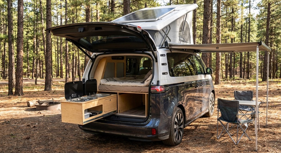 Dark blue and silver ID. Buzz in a ponderosa pine forest with pop-top raised, solar panel on the roof, awning extended and a slide-out kitchen at the tailgate.